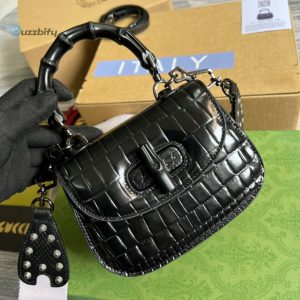 Gucci Bamboo 1947 Crocodile Mini Top Handle Blac Red For Women Womens Bags 6.7In17cm Gg