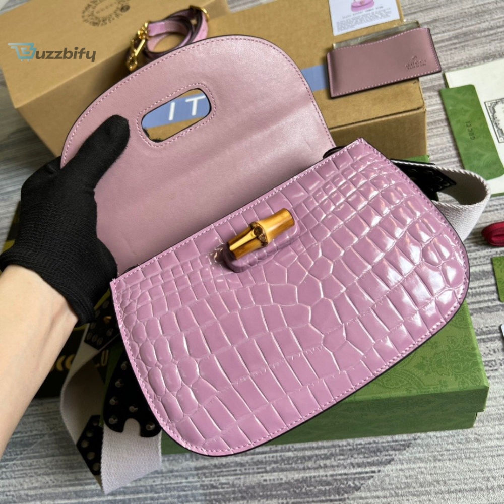 Gucci Bamboo 1947 Crocodile Top Handle Bag Pink For Women, Women’s Bags 10.2in/26cm GG 