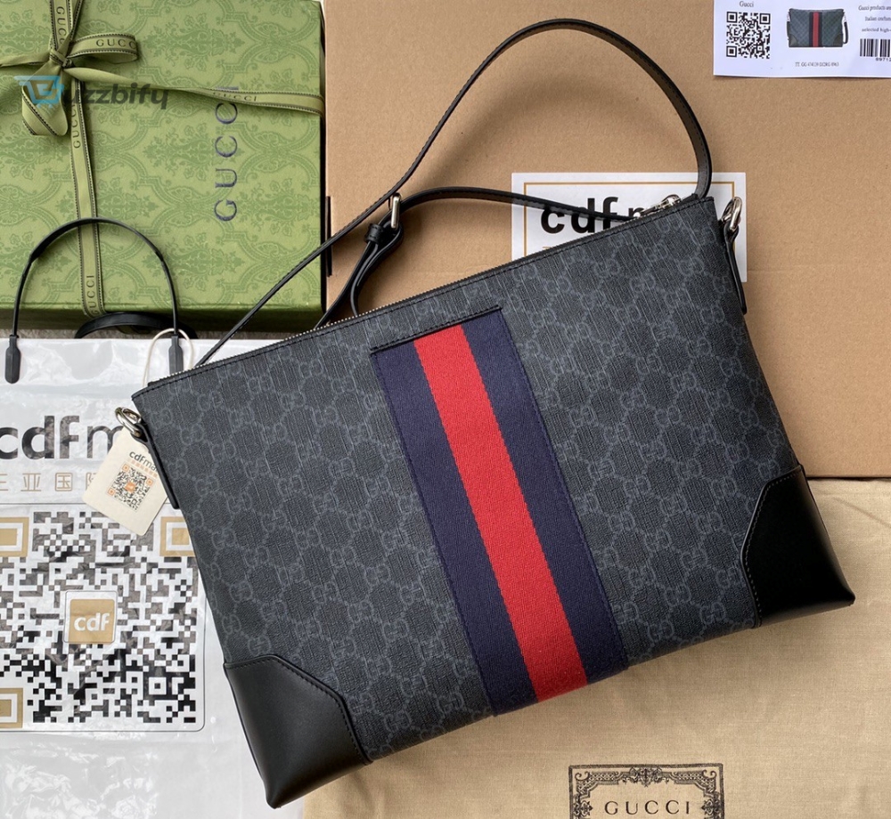 Gucci Black Messenger Black/Grey GG Supreme Canvas Blue And Red Web For Men 14in/35cm 474139 K5ICN 1095 