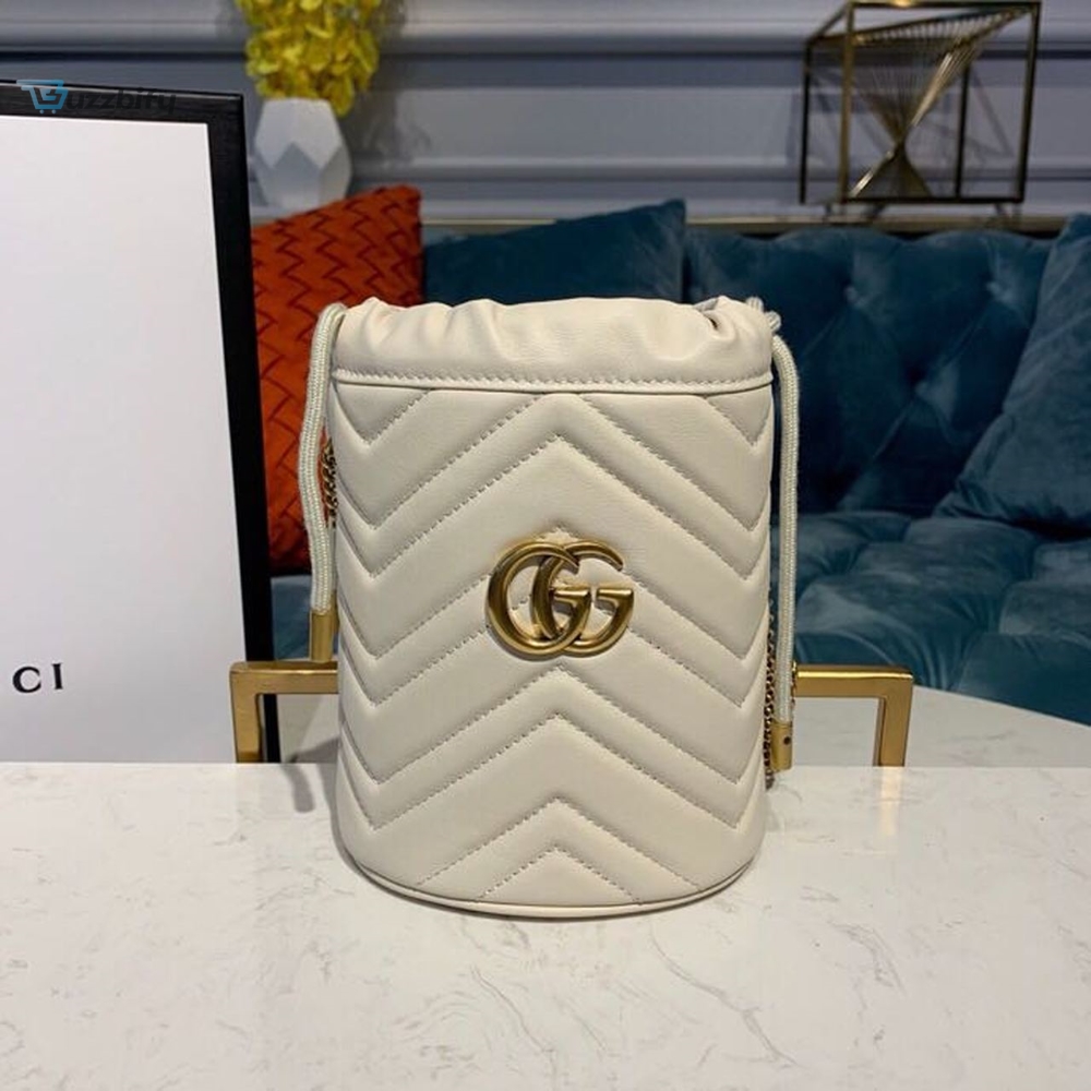 Gucci GG Marmont Mini Bucket Bag White Matelassé Chevron For Women 6in/13cm GG 575163 DTDRT 9022 