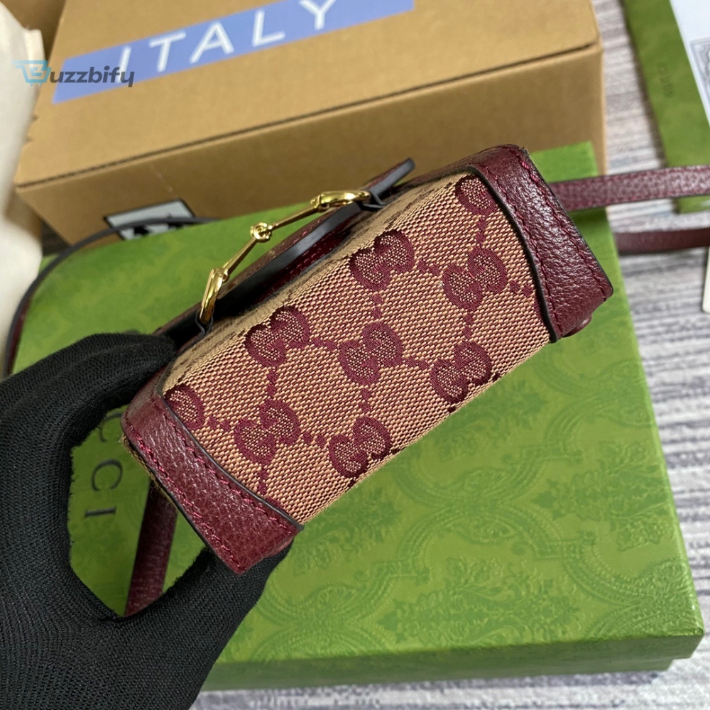 Gucci Horsebit 1955 Mini Bag Beige And Burgundy GG Supreme Canvas For Women  6.7in/17cm GG 625615F6B3G9865 