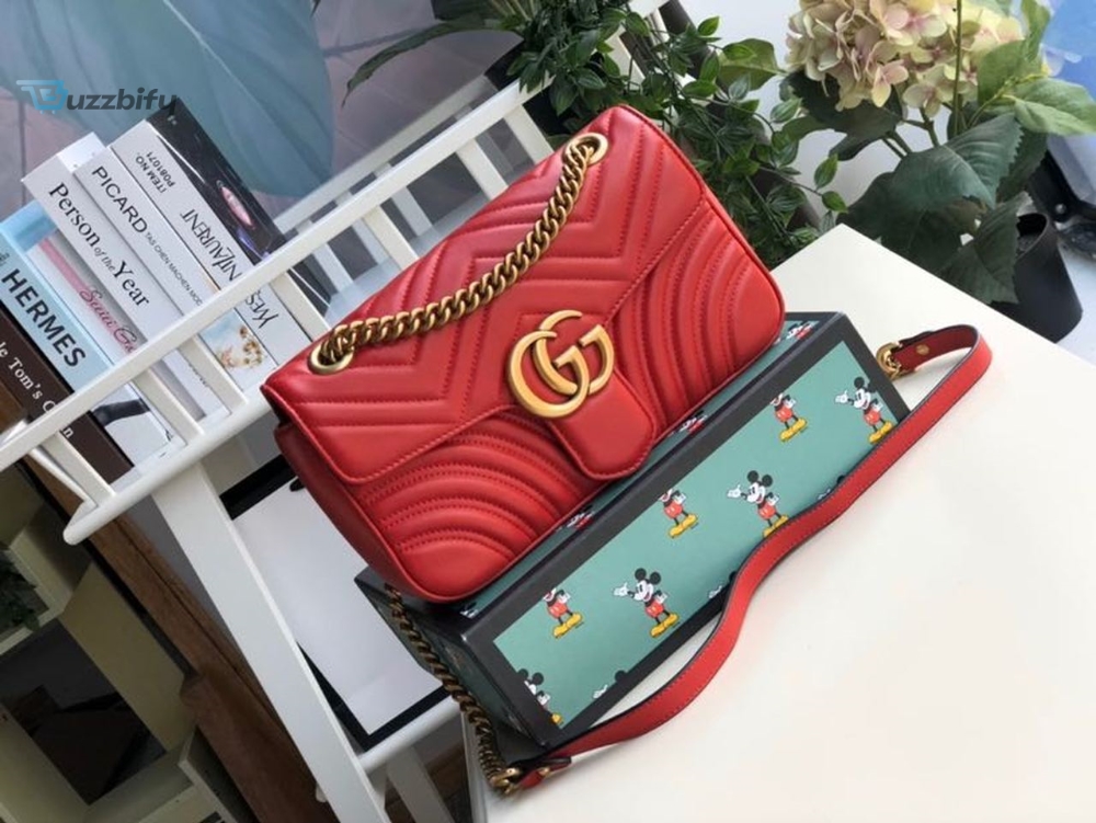 Gucci Marmont Small Matelassé Shoulder Bag Hibiscus Red Matelassé Chevron For Women 10in/26cm GG 443497 DTDIT 6433 