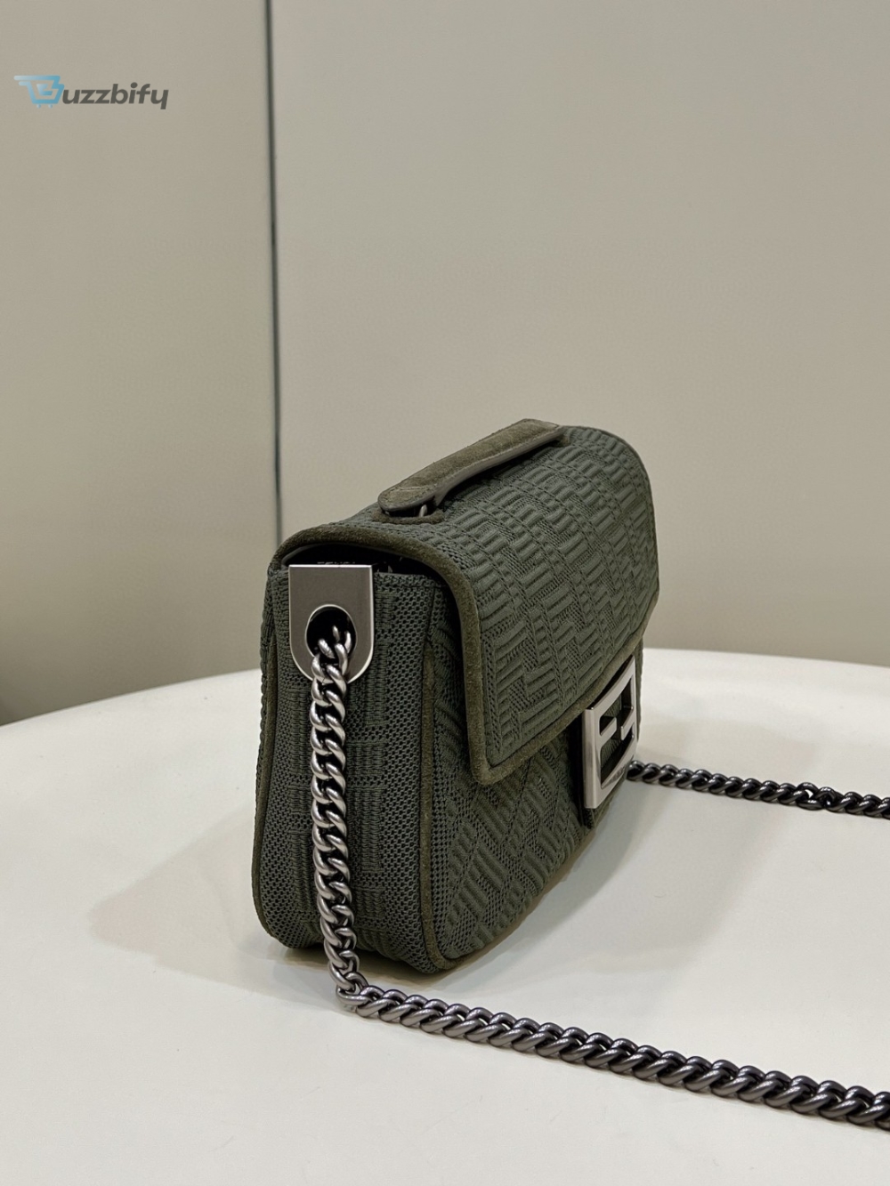 Fendi SHORTS Baguette Chain Midi Green FF Fabric Bag For Woman 14.5cm/6in 8BR793AHW5F1F2L 