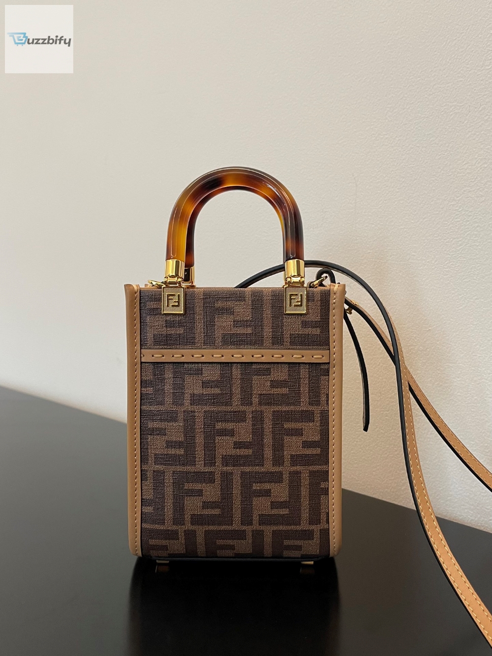 Fendi CROPPED Sunshine Shopper Brown FF Fabric Brown Mini Bag For Woman 13cm/5in 