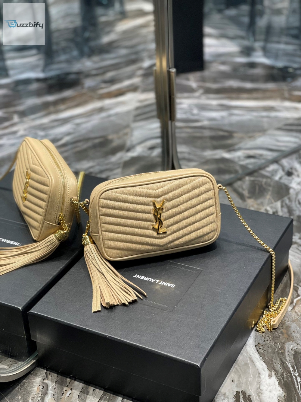 Saint Laurent Lou Mini Bag Beige In Quilted Grain De Poudre With Gold Hardware For Women 7.4in/19cm YSl 6125791GF012721 