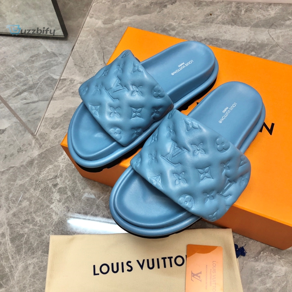 Louis Vuitton Womens Pool Pillow Flat Comfort Mule Blue For Women Lv